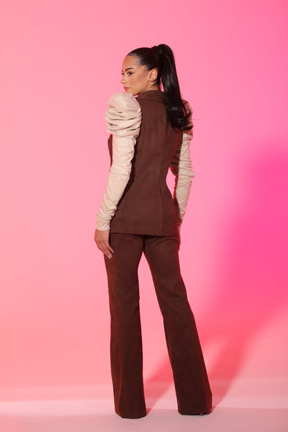 Vegan suede brown and cream color block cuff gathered puff shoulder suit