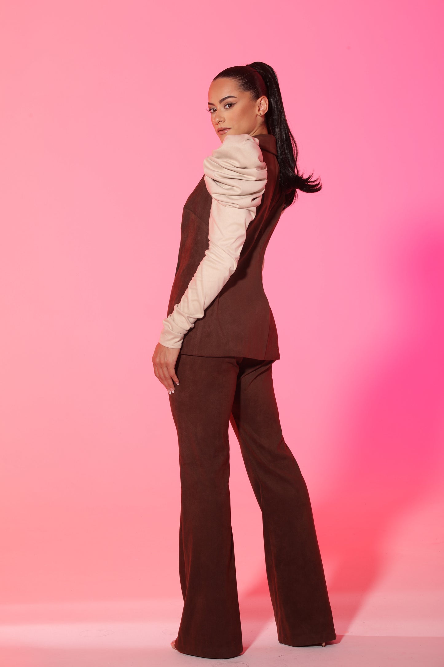 Vegan suede brown and cream color block cuff gathered puff shoulder suit