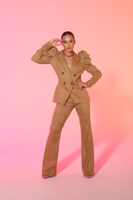Suedette puff sleeve button down suit