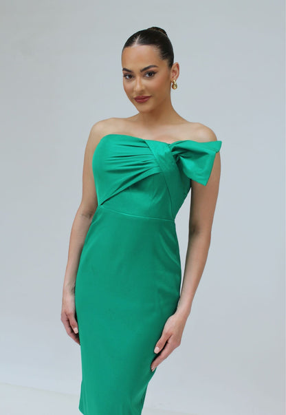 Strapless bow midi cocktail dress with back center slit