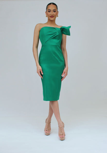 Strapless bow midi cocktail dress with back center slit