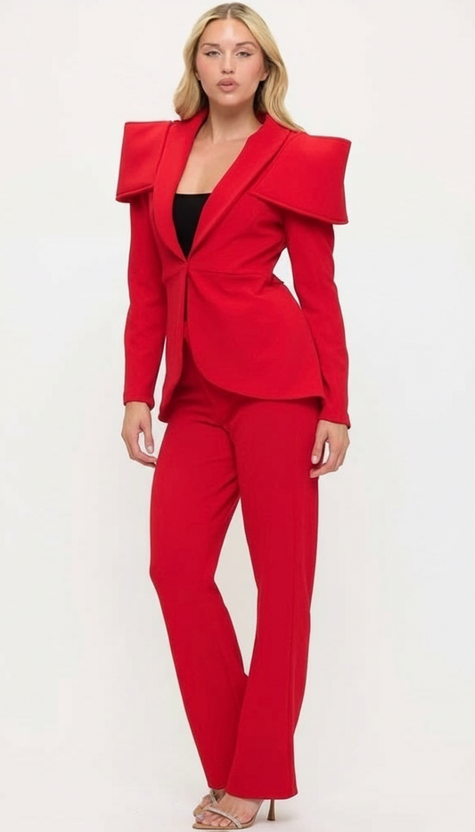 Plunging neckline sculpted shoulders power suit