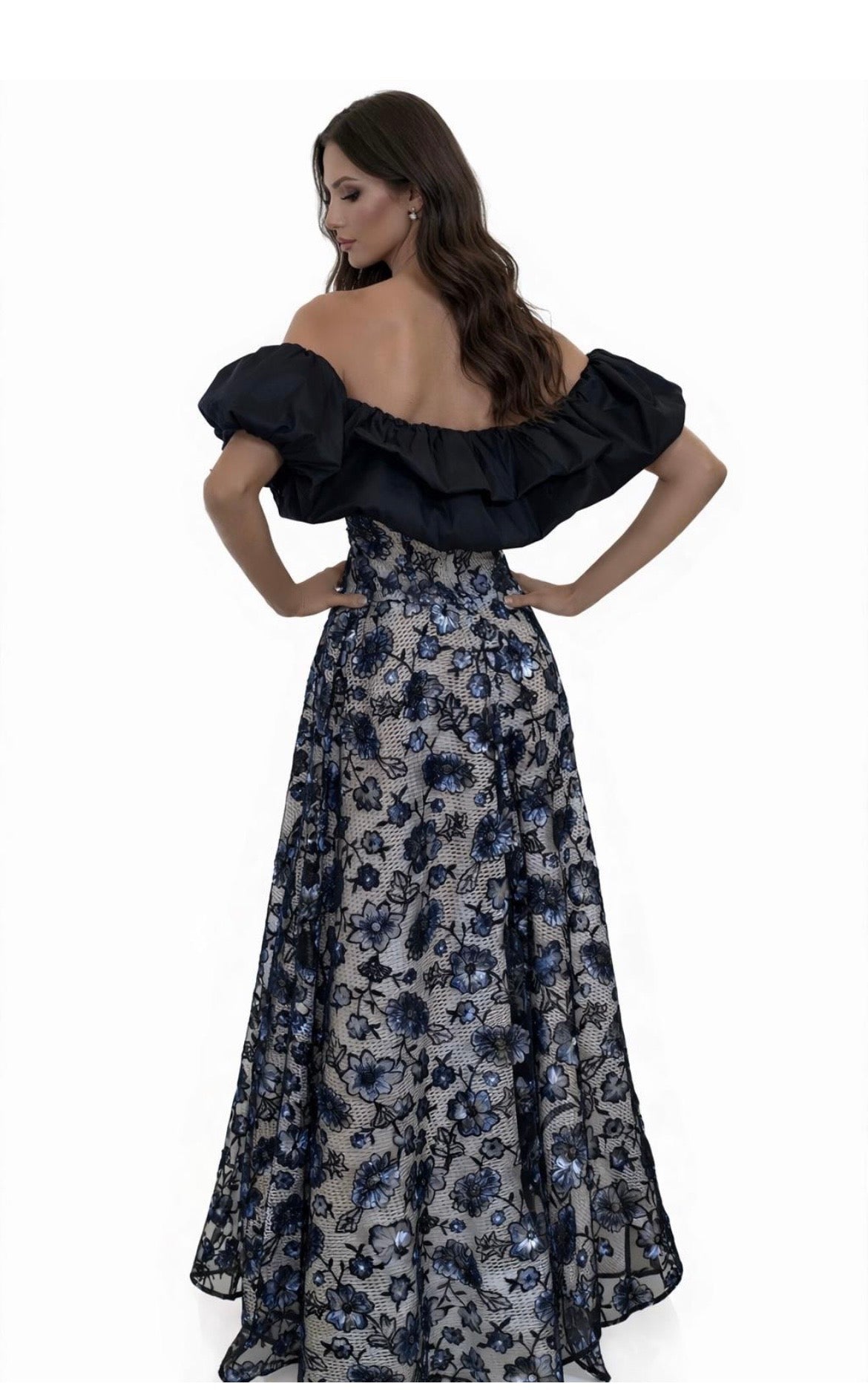Romantic floral lace overlay adorned with shimmering sequins