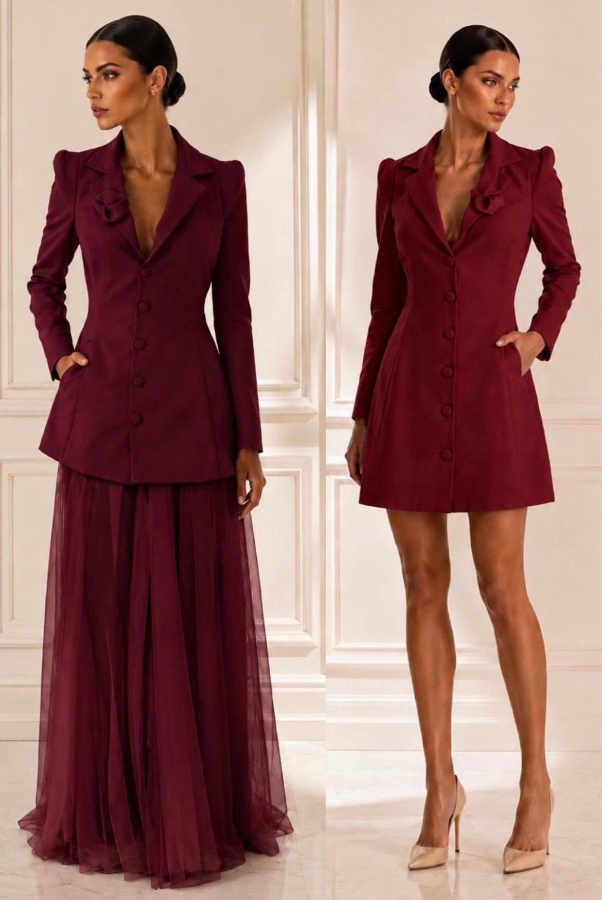 Exquisite stretch twill blazer dress & tulle skirt set