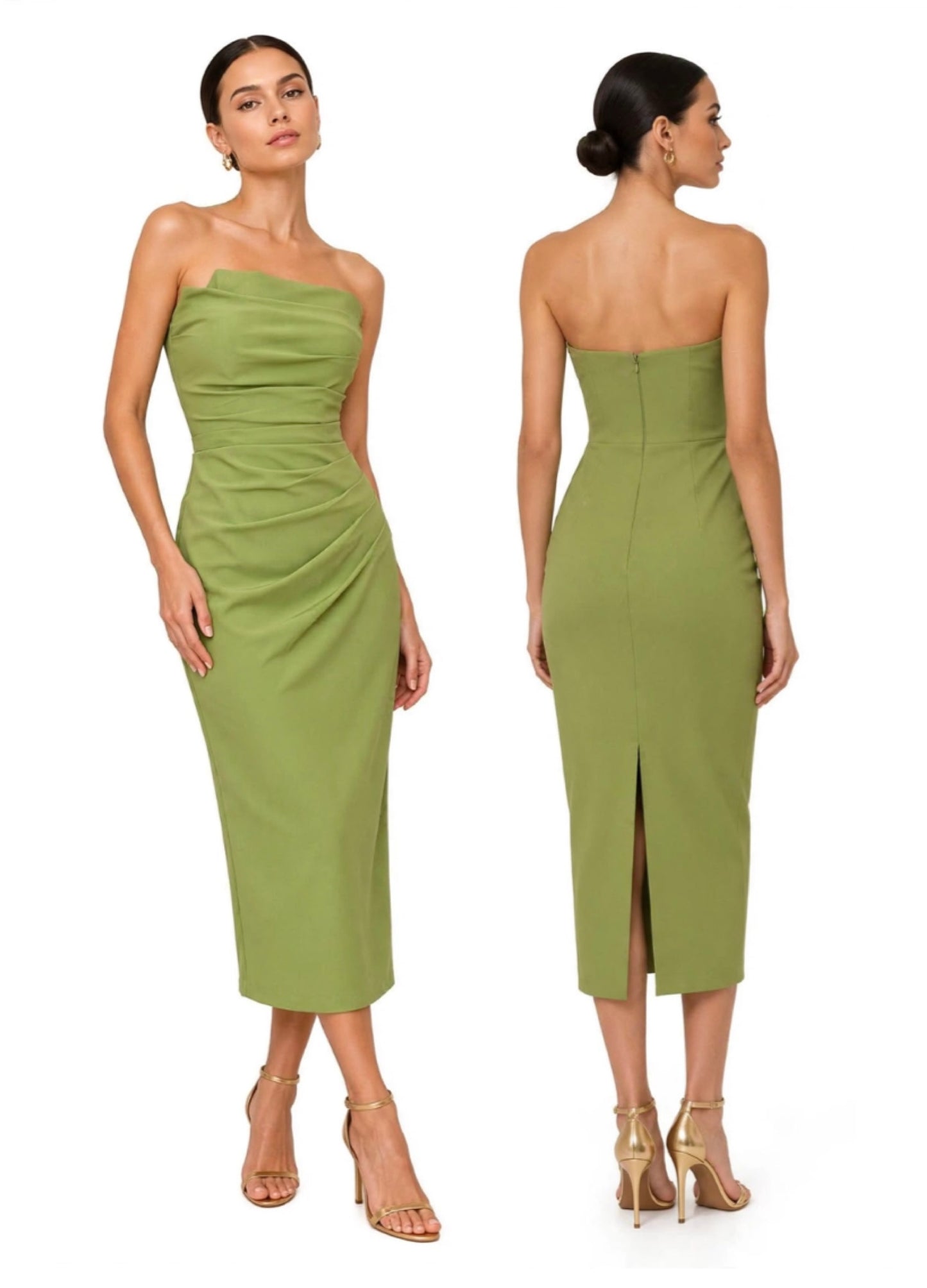 Flattering Strapless ruched bodice form-fitting midi dress