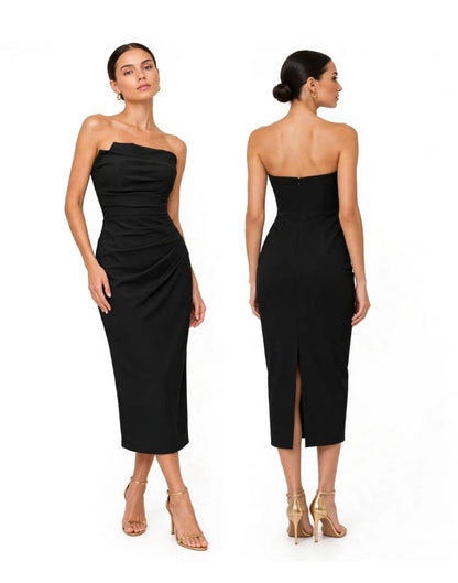 Flattering Strapless ruched bodice form-fitting midi dress