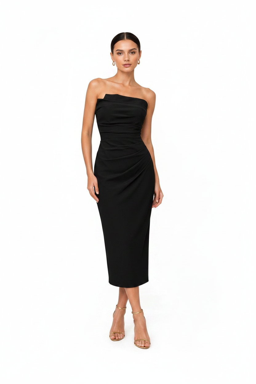 Flattering strapless ruched bodice form-fitting midi dress