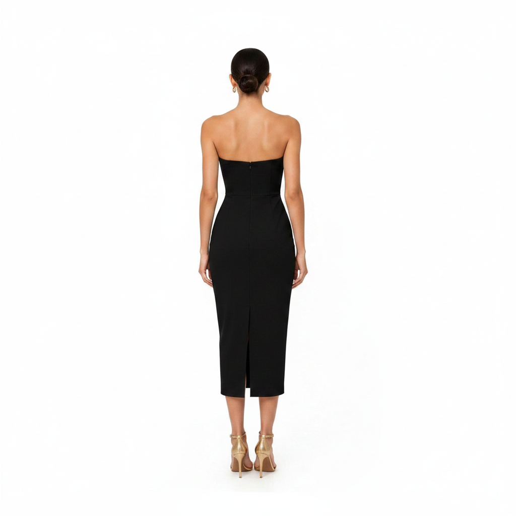 Flattering strapless ruched bodice form-fitting midi dress