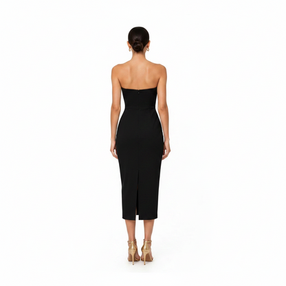 Flattering strapless ruched bodice form-fitting midi dress