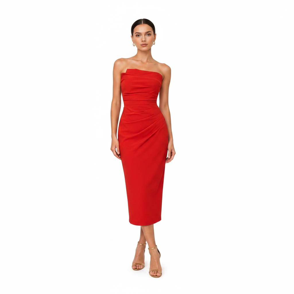 Flattering strapless ruched bodice form-fitting midi dress