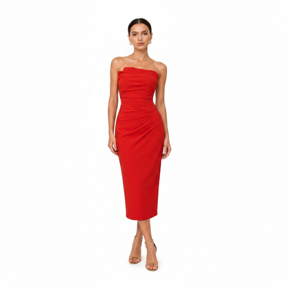 Flattering strapless ruched bodice form-fitting midi dress
