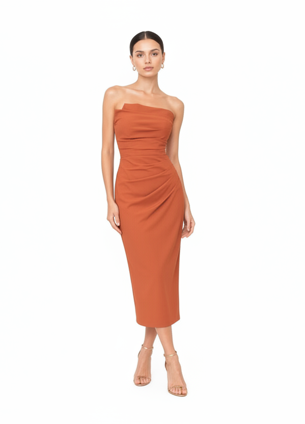 Flattering strapless ruched bodice form-fitting midi dress