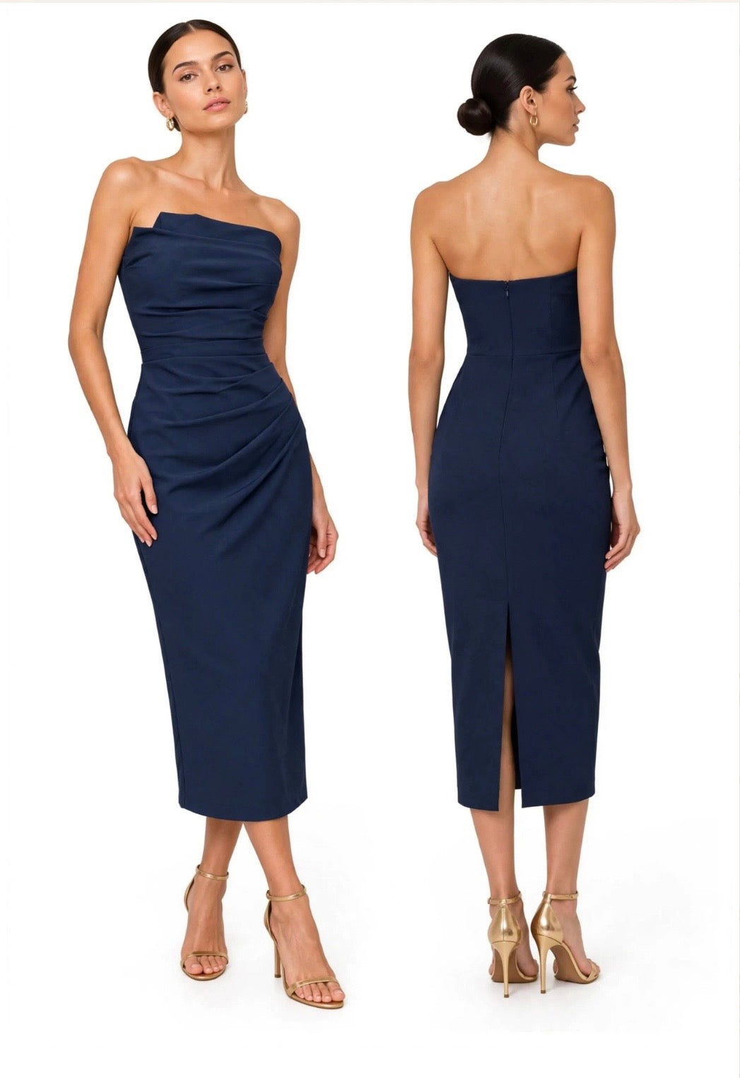 Flattering Strapless ruched bodice form-fitting midi dress