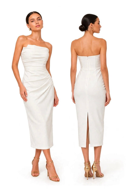 Flattering Strapless ruched bodice form-fitting midi dress