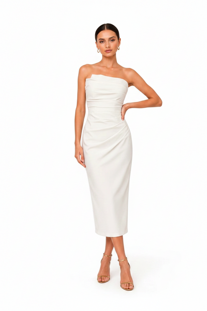 Flattering strapless ruched bodice form-fitting midi dress