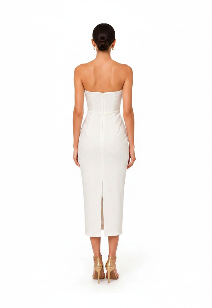 Flattering strapless ruched bodice form-fitting midi dress