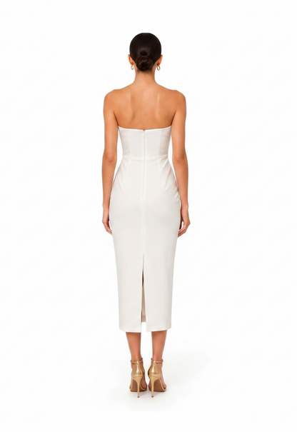 Flattering strapless ruched bodice form-fitting midi dress