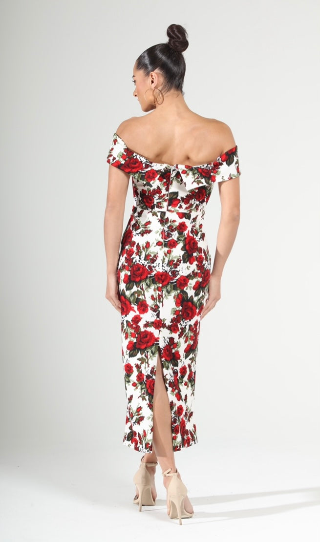 Rose print off shoulder midi dress
