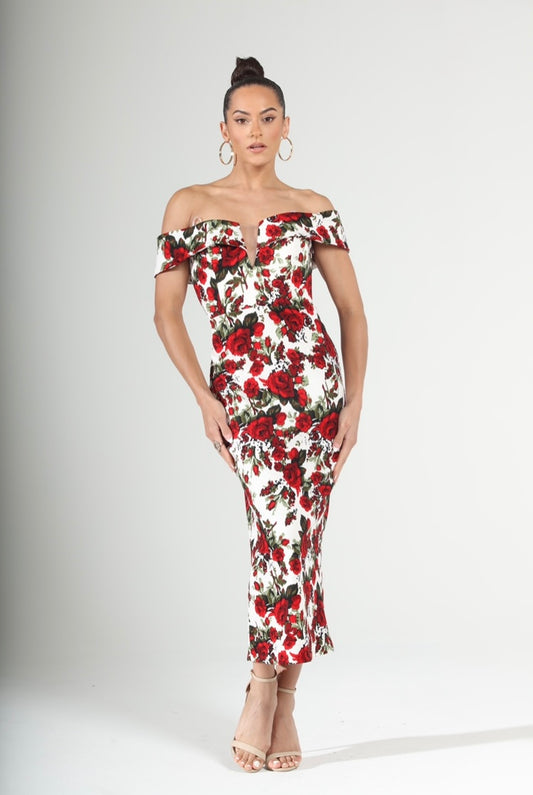 Rose print off shoulder midi dress