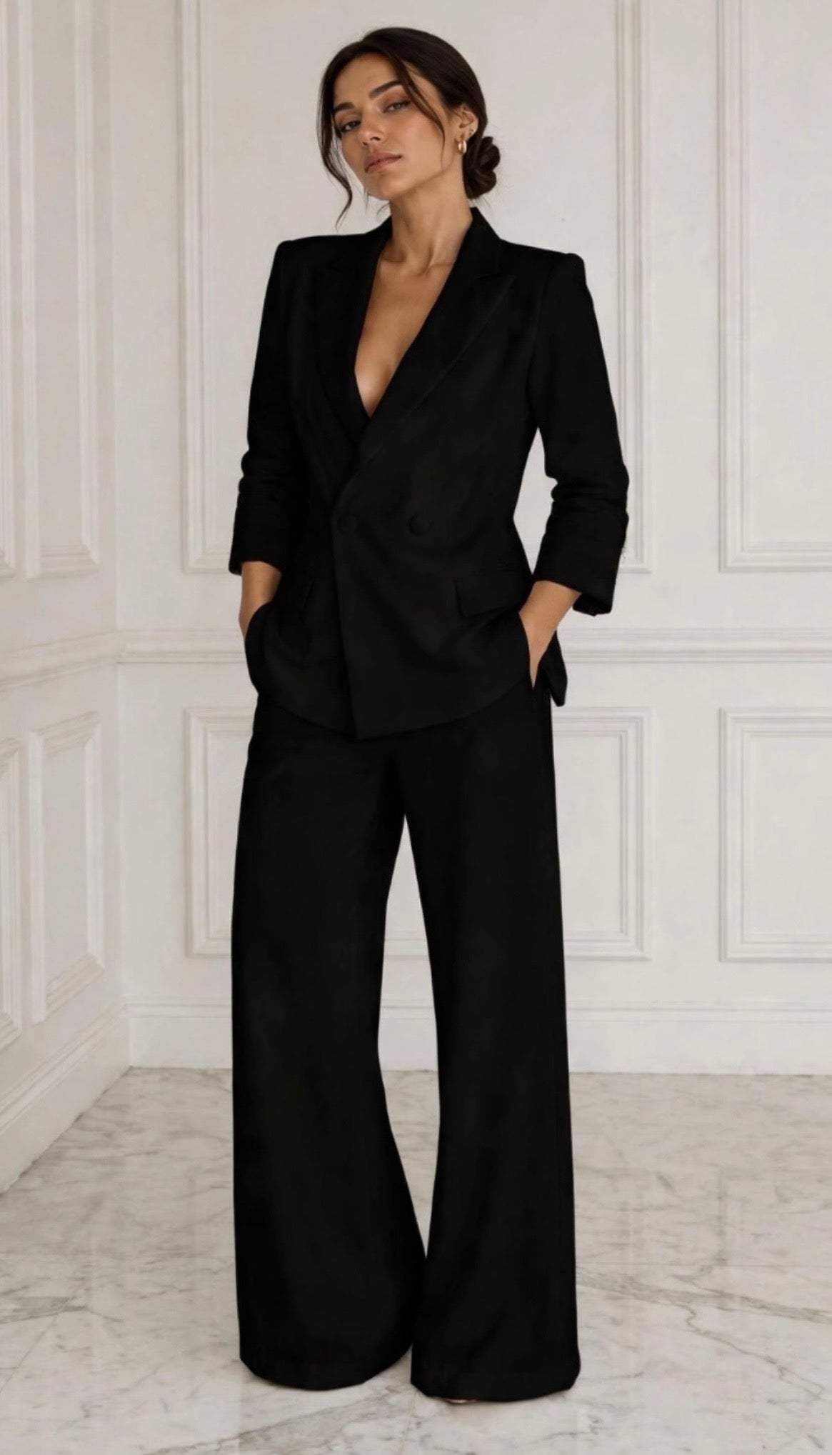 Double breasted 3/4 sleeves stretch twill suit