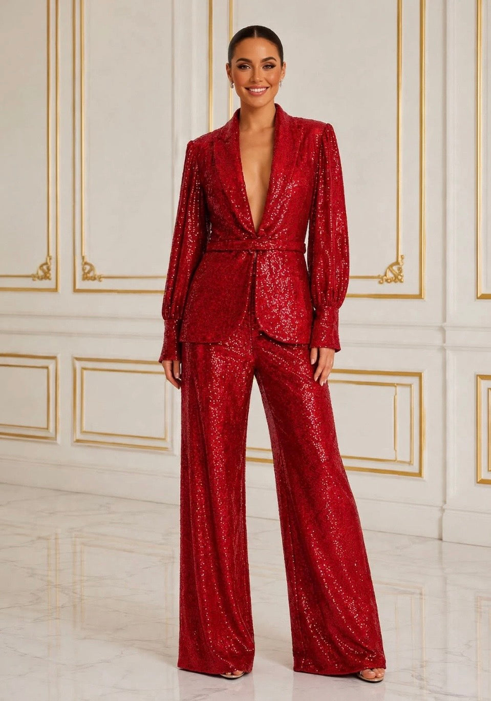 Dazzle stretch sequin pant suit