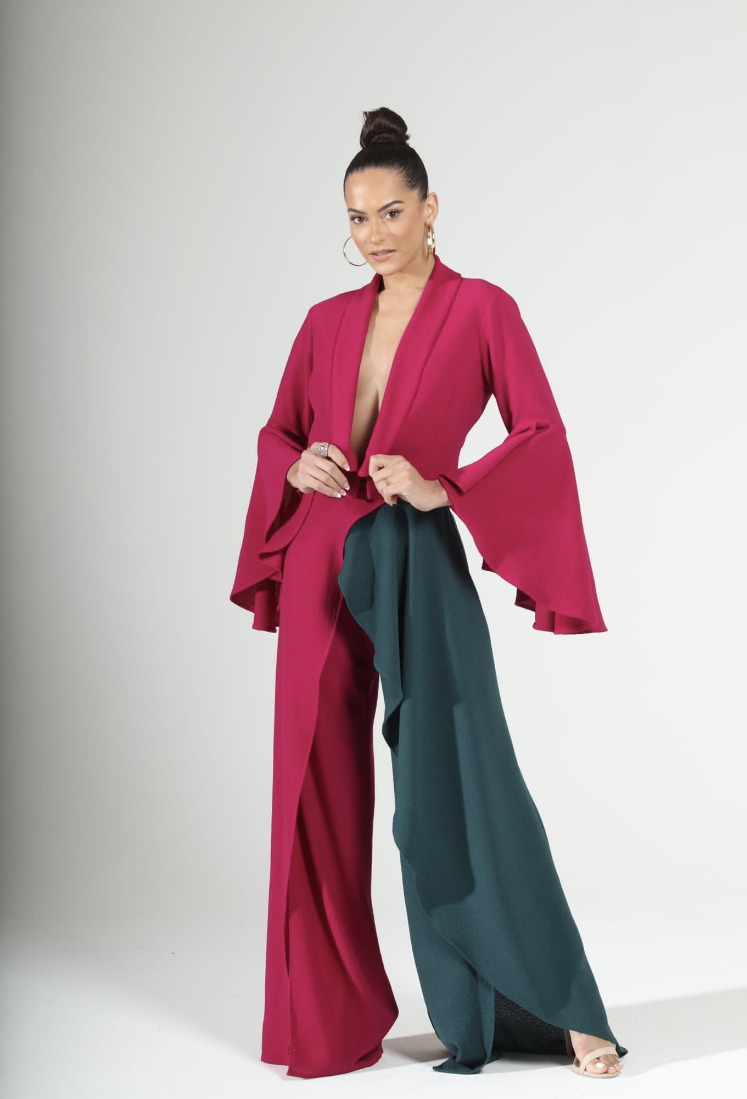 Showstopping Drama Color Block bell sleeve crop jacket and cascading slit pants set