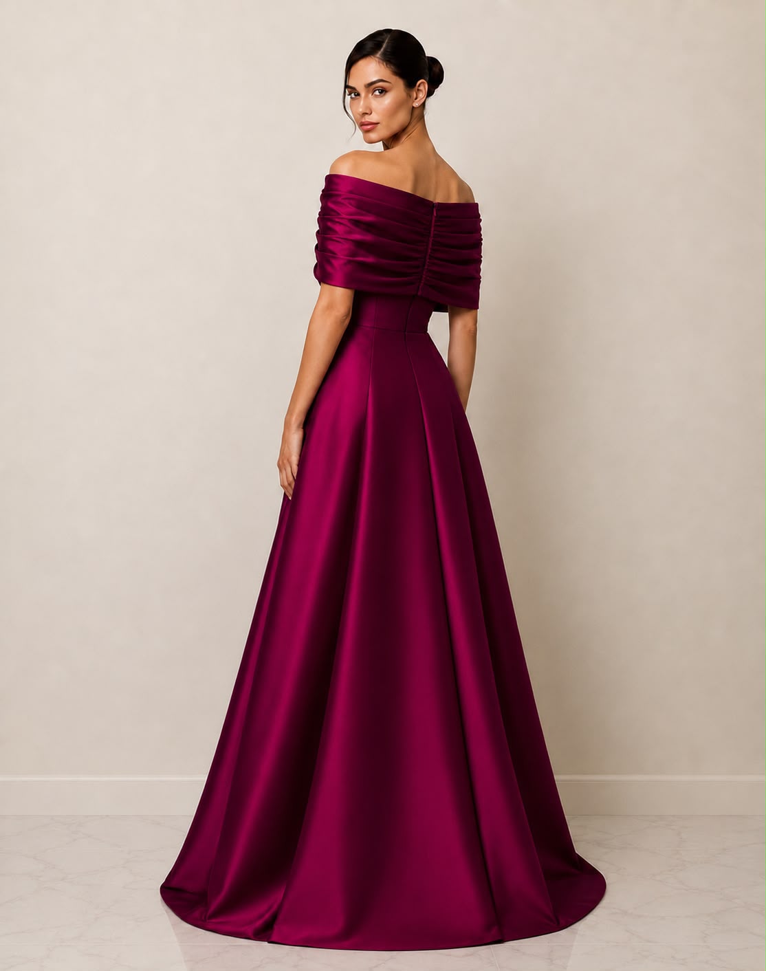 Off the shoulder taffeta slit ball gown