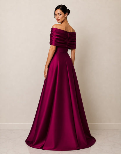 Off the shoulder taffeta slit ball gown
