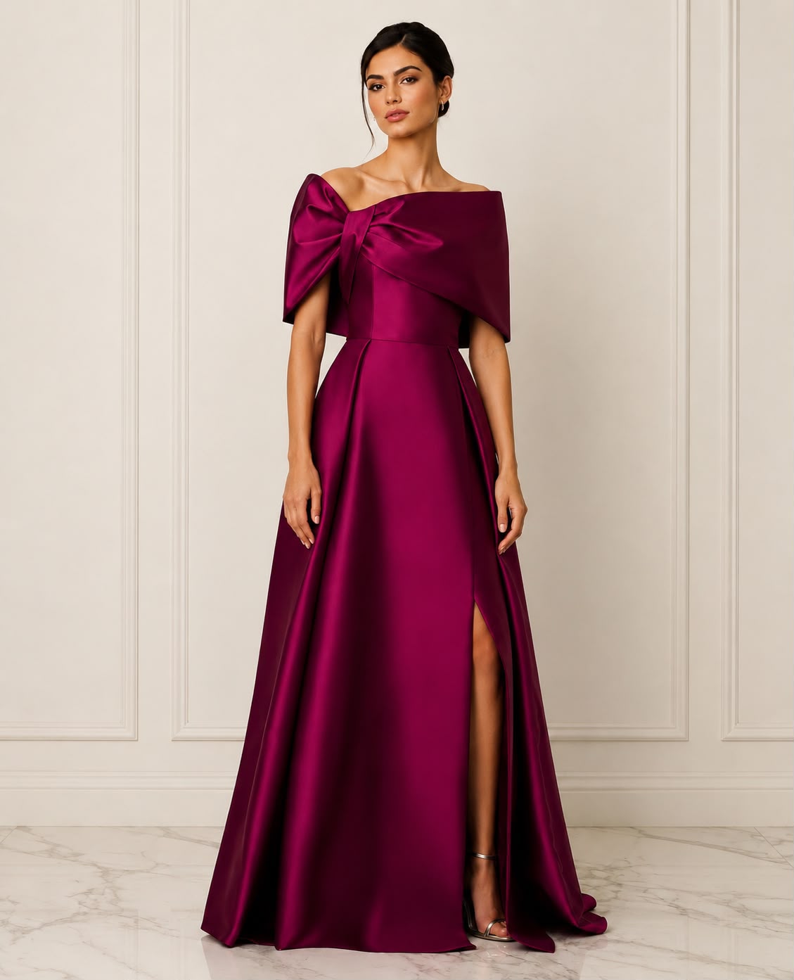 Off the shoulder taffeta slit ball gown