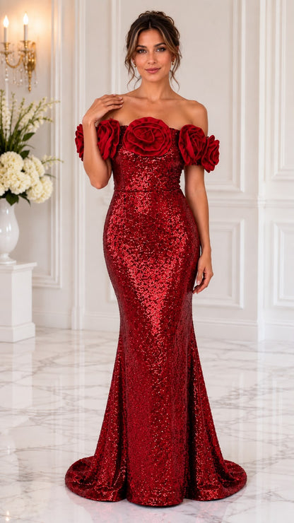 Off the shoulder roses sequin gown