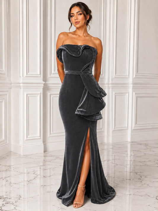 Strapless cascade side slit stretch velvet gown