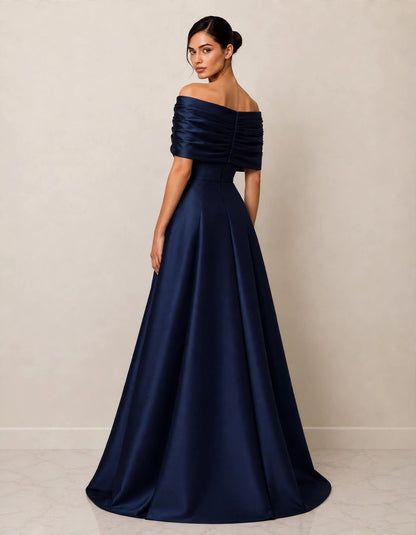 Off the shoulder taffeta slit ball gown