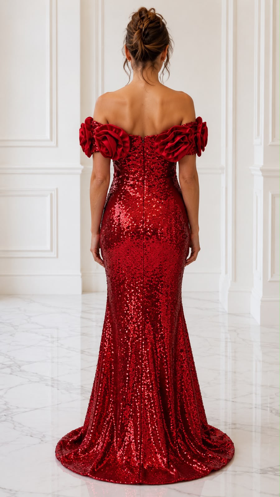 Off the shoulder roses sequin gown