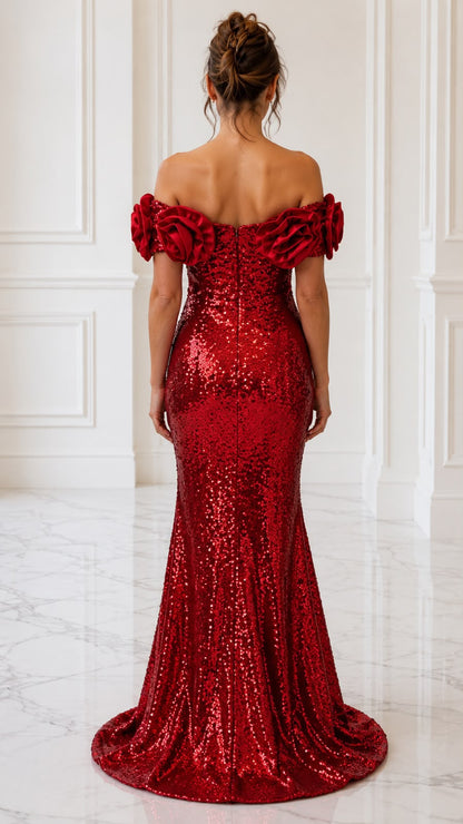 Off the shoulder roses sequin gown