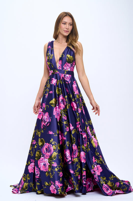 Satin floral print plunging neckline open back maxi gown