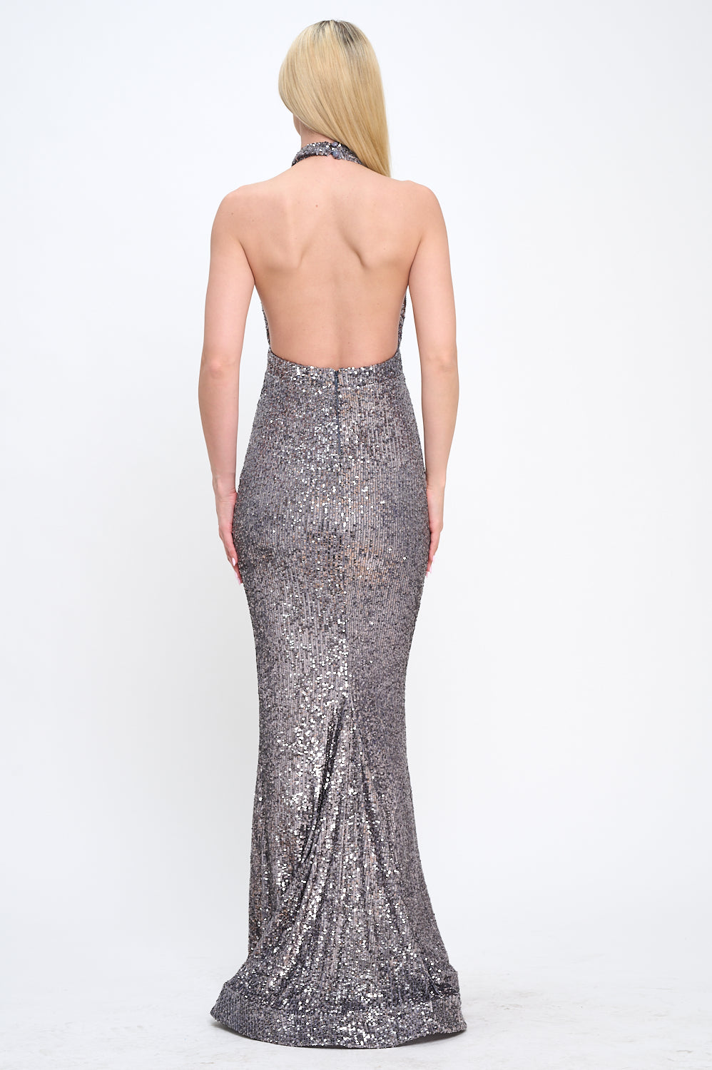 Glamorous sequin open back halter gown