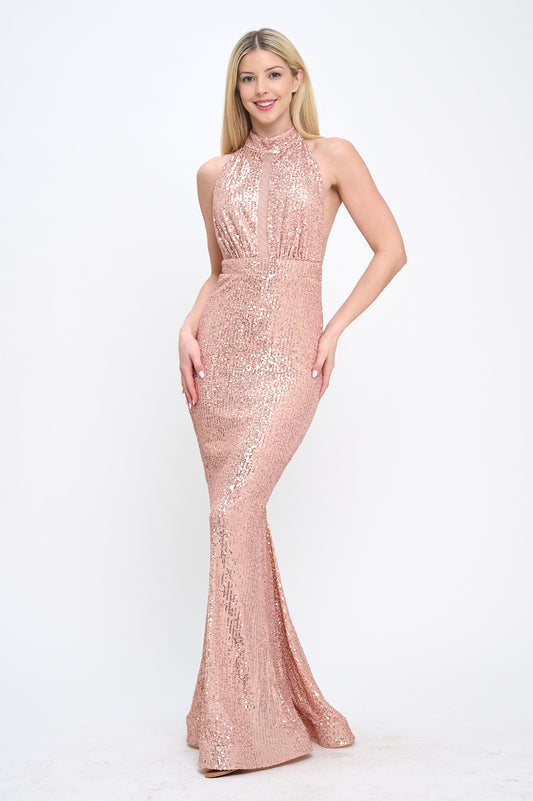 Glamorous sequin open back halter gown