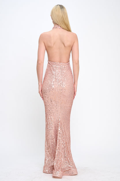 Glamorous sequin open back halter gown