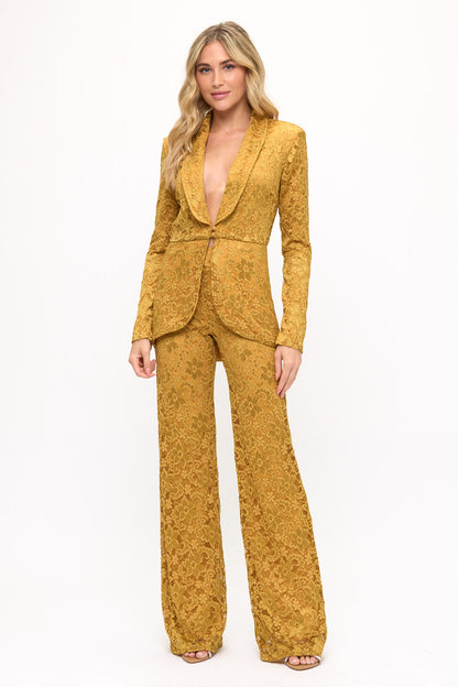 Stretchy floral lace tulip hem jacket and high waisted pants suit set