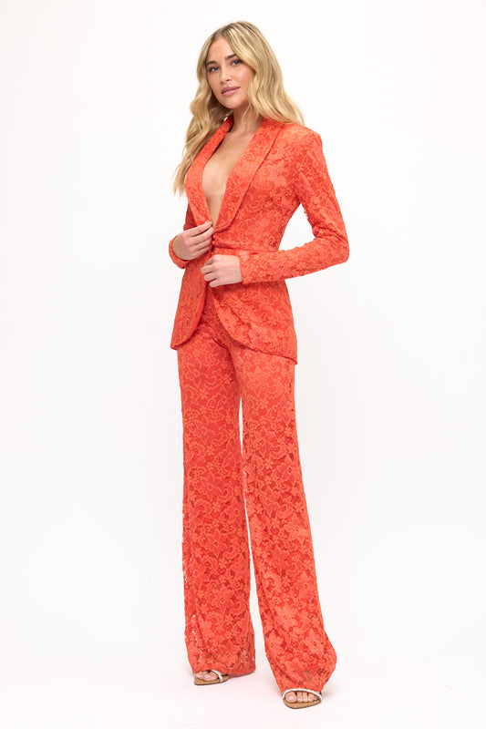 Stretchy floral lace tulip hem jacket and high waisted pants suit set