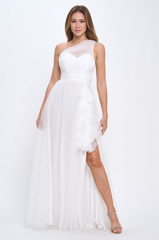 Special embrace one shoulder ruffle tulle slit gown