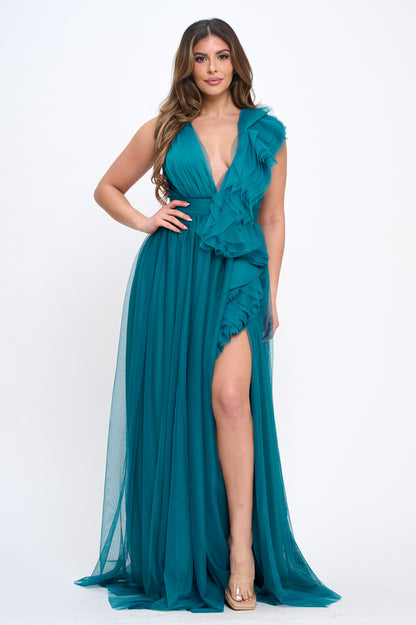 Elegant engagement ruffle layered tulle cascading gown with front slit