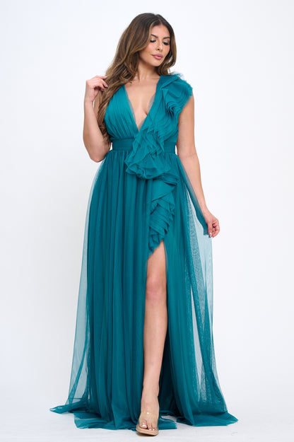 Elegant engagement ruffle layered tulle cascading gown with front slit