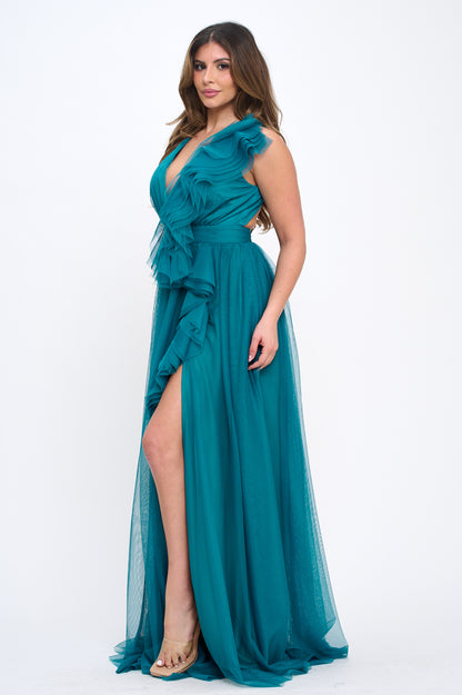 Elegant engagement ruffle layered tulle cascading gown with front slit