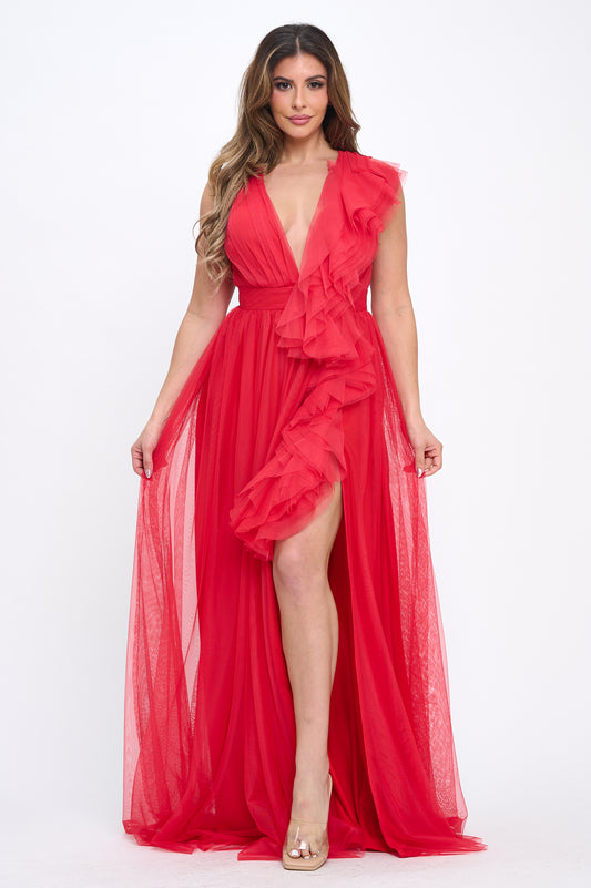 Elegant engagement ruffle layered tulle cascading gown with front slit