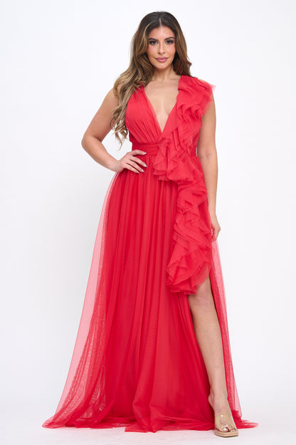 Elegant engagement ruffle layered tulle cascading gown with front slit