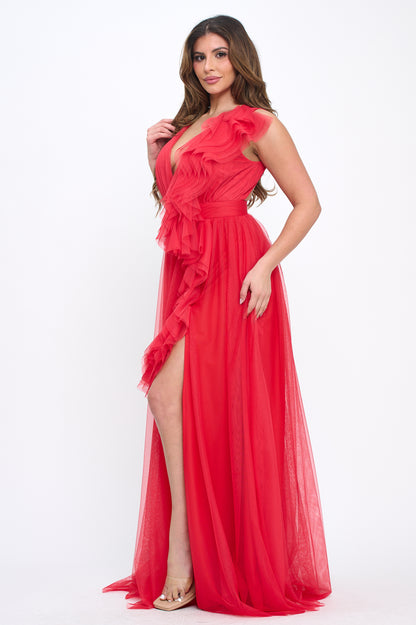 Elegant engagement ruffle layered tulle cascading gown with front slit