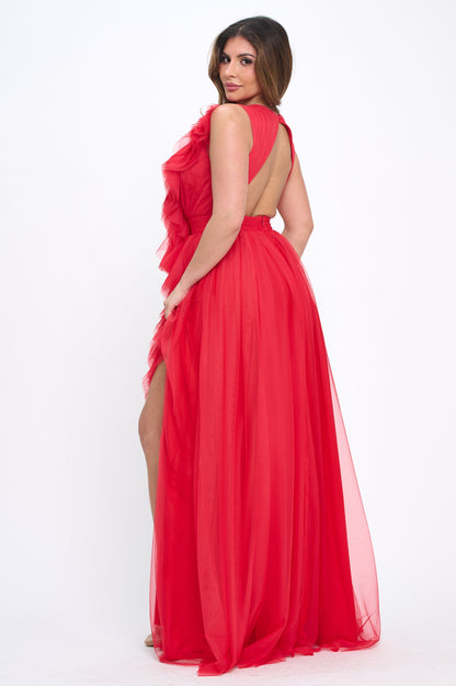 Elegant engagement ruffle layered tulle cascading gown with front slit