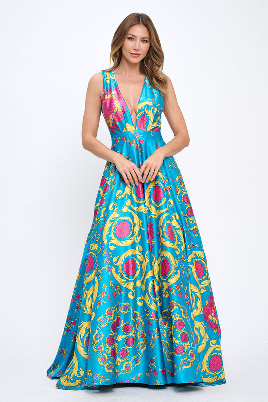 Satin print plunging neckline maxi gown