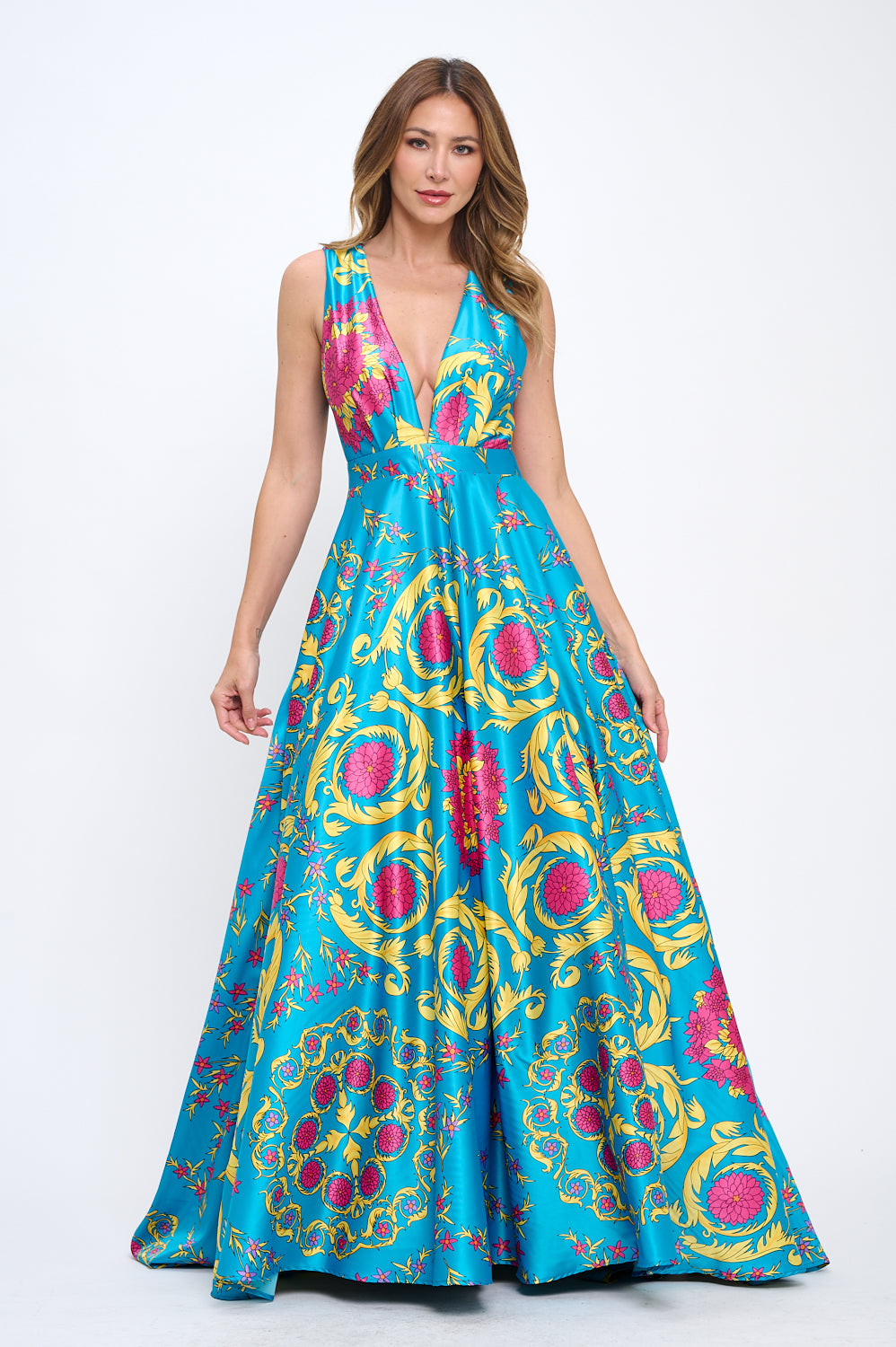 Satin print plunging neckline maxi gown